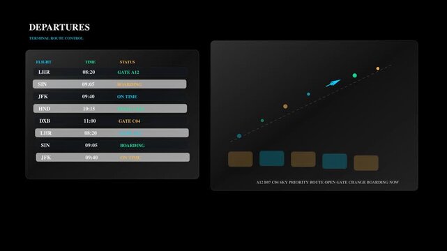 Futuristic airport departures board UI template with flight schedule and data charts