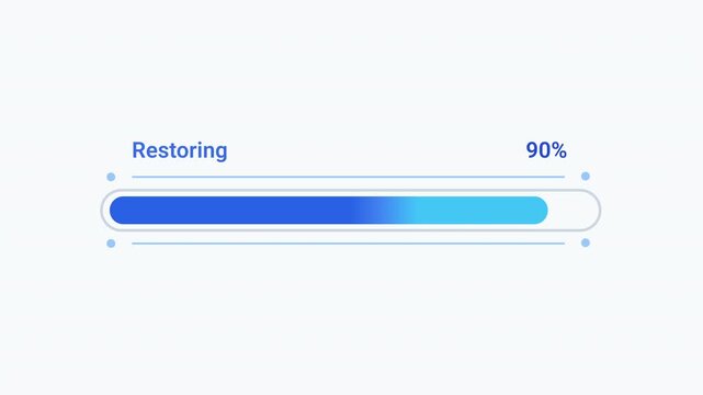 Modern flat vector animation of a rounded restoring progress bar with percentage indicator and loading status. Ideal for data recovery, backup, software, web applications, and technology projects.