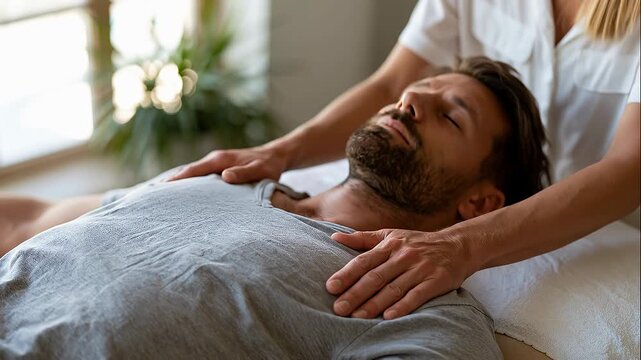 Young man lying on a physical therapy table in a natural light studio, therapist placing hands gently on his ribcage and shoulders, breathwork and body-based trauma release