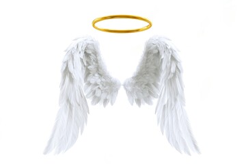Naklejka premium Pair of large white feathery angel wings with glowing golden halo floating above them