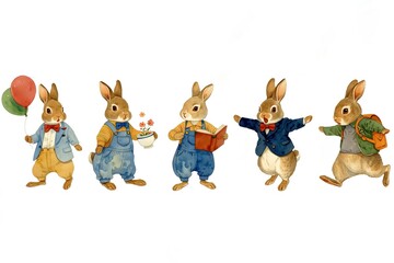 Fototapeta premium Five anthropomorphic rabbits dressed in vintage clothing engaging in various playful activities
