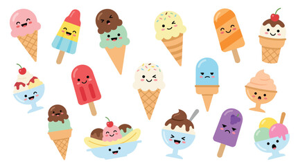 Naklejka premium Collection of cute and colorful kawaii ice cream characters with different expressions and flavors, perfect for summer themes.