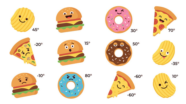 Collection of cartoon fast food characters with different emotions and angles, including pizza, burgers, donuts, and potato chips.