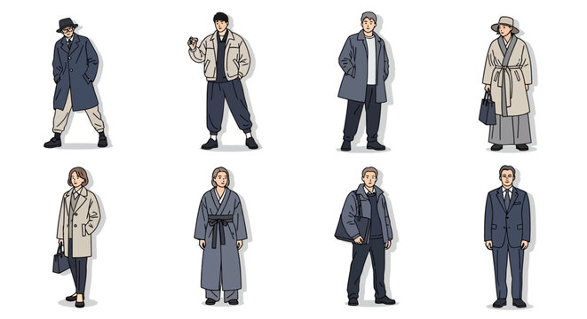Eight stylish people models wearing coats and jackets walk or stand in various poses on white background for sales enablement illustrations.