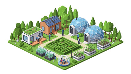 Fototapeta premium Isometric Sustainable Eco-Village with Geodesic Domes, Solar Power, and Urban Farming Illustration