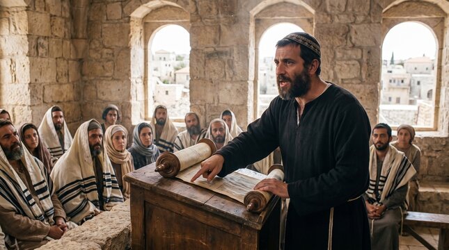 Apostle Paul gesturing and preaching from an open scripture scroll to an attentive Jewish congregation inside an ancient stone synagogue, Biblical scene from the Book of Acts.