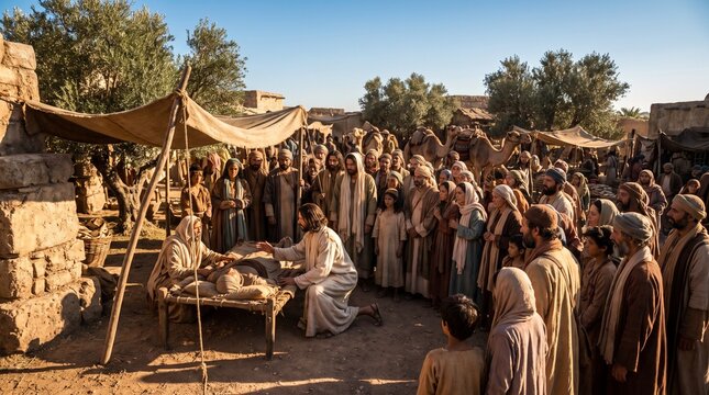 Jesus Christ kneeling to heal a sick man lying on a wooden cot, surrounded by a large crowd of believers and camels in an ancient village, Biblical New Testament scene.