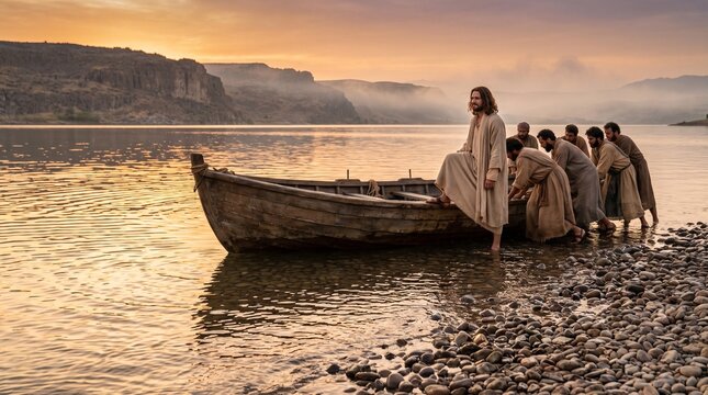 Jesus Christ standing in a wooden fishing boat being launched by several disciples on the rocky shore of the Sea of Galilee during a golden sunset, Biblical New Testament scene.
