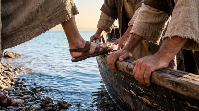 Jesus Christ stepping into a wooden fishing boat held steady by his disciples on the pebbly shore of the Sea of Galilee, Biblical New Testament scene.