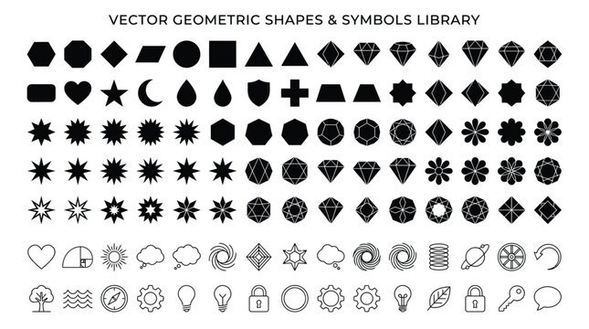 A comprehensive collection of black vector geometric shapes and linear symbols for professional graphic design projects