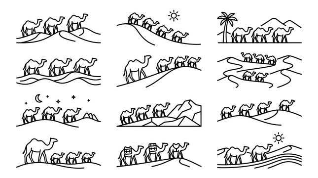 Diverse group of walking camels.