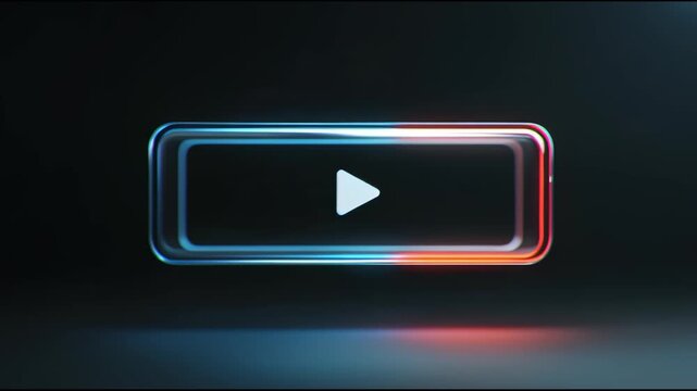 A digital play button icon with neon-like blue and red outlines