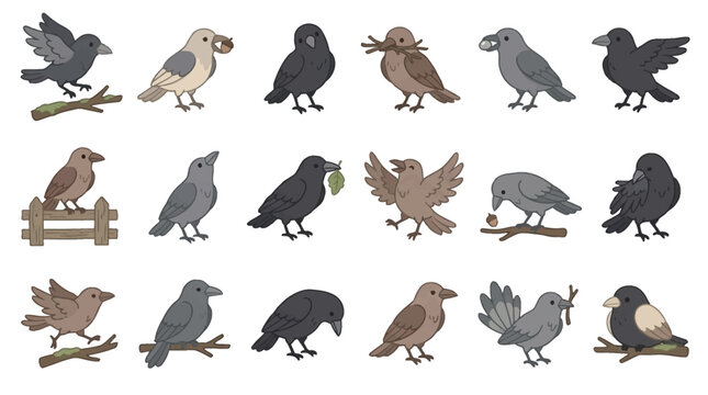 A collection of various cartoon birds, including crows and sparrows, in different poses and with small objects.
