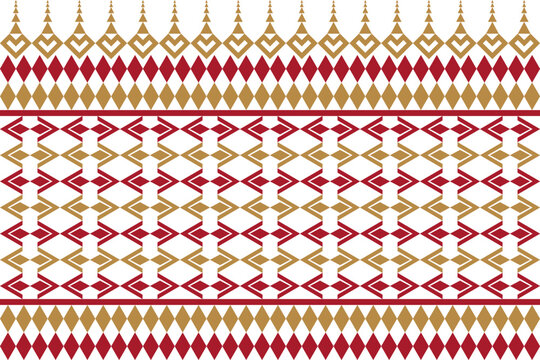 Traditional geometric seamless pattern vector, Maroon red and gold Southeast Asian ethnic textile fabric border background, Abstract tribal ornament wallpaper.