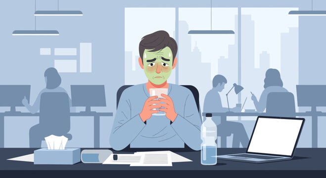 Sick Office Worker Feeling Ill and Holding a Glass of Water in a Contemporary Environment