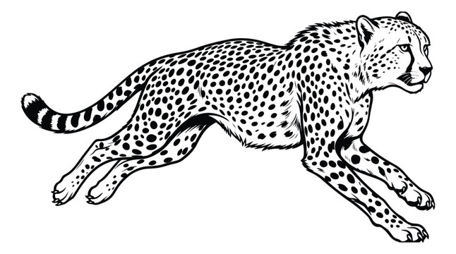 Vintage cheetah illustration, hand drawn running wild cat vector, black and white spotted leopard sketch, safari animal line art for nature branding