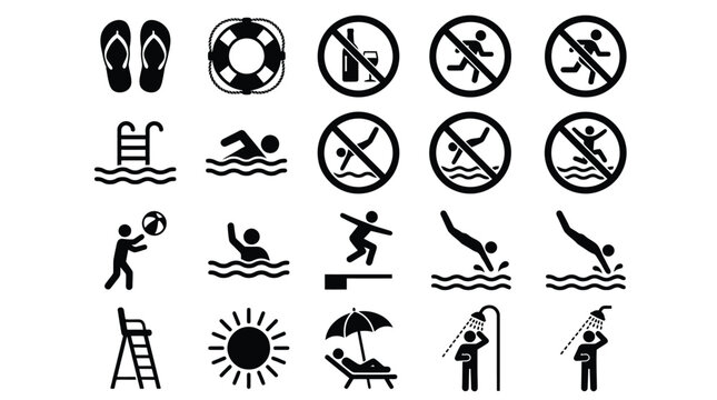 Set of black swimming pool safety icons and recreational activities isolated on a white background
