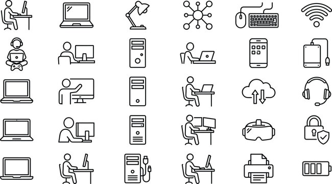 Office work and computer hardware icon set featuring desktop computers, laptops, wireless networking, and modern workplace equipment symbols