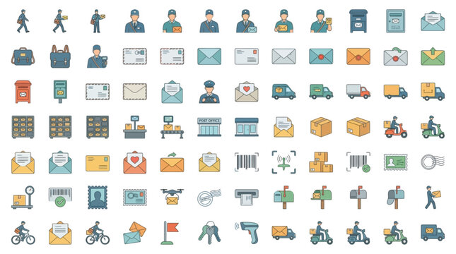 Collection of postal service and delivery icons, including mail carriers, mailboxes, envelopes, packages, and delivery vehicles.