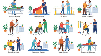Fototapeta premium Flat vector collection depicting diverse physical therapy exercises performed by professional medical staff and patients