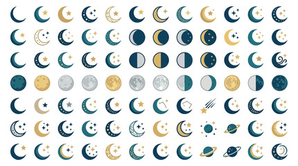 Collection of Moon Phases and Celestial Icons with Stars and Planets. © Eza