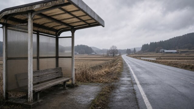 Rural Bus Stop On A Quiet Road