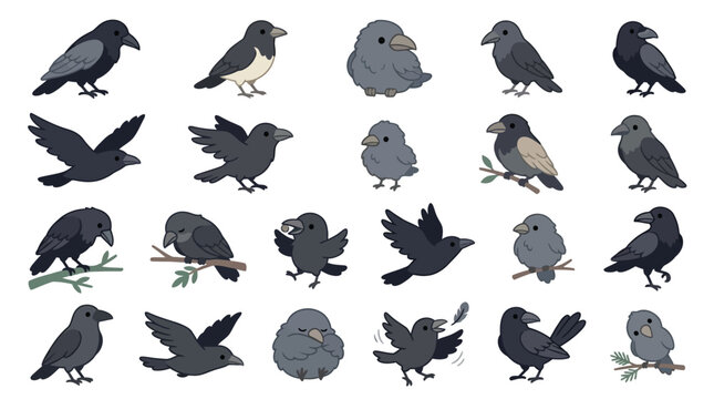 A collection of diverse crow illustrations in various poses and actions.
