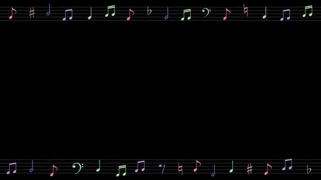 カラフルな手書きの音符や音楽記号、五線譜が画面上下で波打ちするループ枠素材