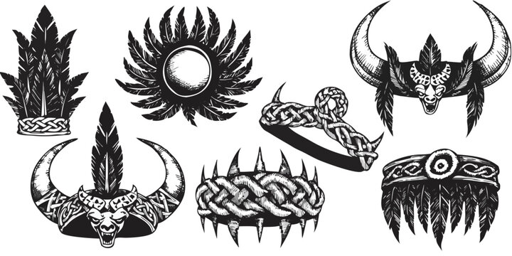 Collection of various viking helmet designs with intricate patterns and animal motifs patterns historical medieval feathers illustration protection headgear accessory ornament decorative