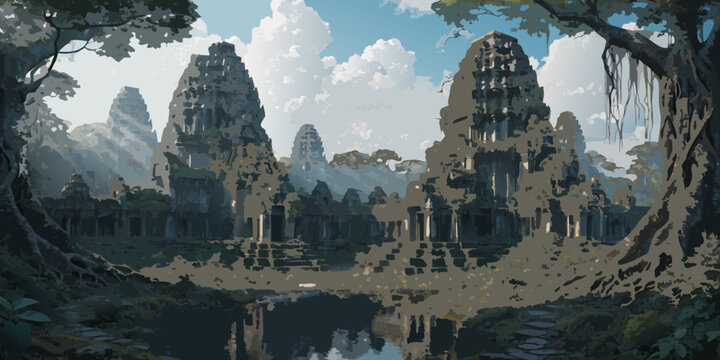Ancient temple ruins surrounded by trees and a lake under a blue sky with architecture buildings heritage landscape environment adventure exploration