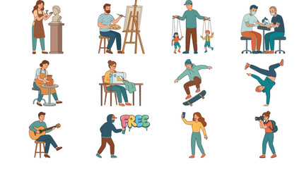 Fototapeta premium Collection of diverse people practicing various creative hobbies and artistic activities in a colorful flat style
