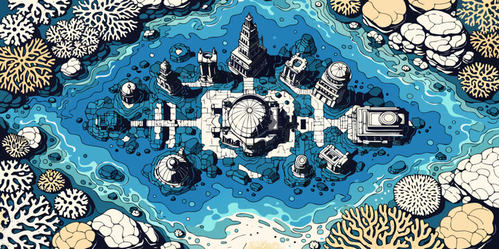 Underwater city with ancient ruins and coral reefs in a ocean environment underwater architecture buildings exploration atlantis mythical illustration