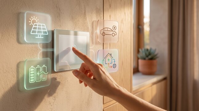 A hand touches a smart home interface panel on a wall to control solar energy management and electric vehicle charging systems in a modern house interior