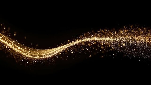 Golden glitter wave flowing across black background with sparkling bokeh light sparkles and elegant