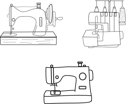 Sewing Machine Outline Icon Set with Domestic, Vintage and Overlock Machines for Tailoring Design