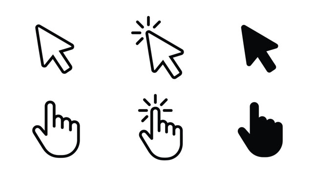 Black and white computer mouse cursor arrow and hand pointer icons set for digital interface
