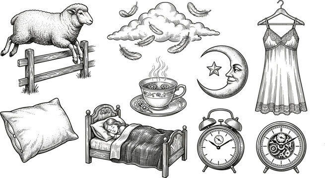 Vintage Sleep and Good Night Vector Set Featuring Jumping Sheep Counting Cloud Pillow Bed Alarm Clock Crescent Moon Face and Nightgown Engraving Icons