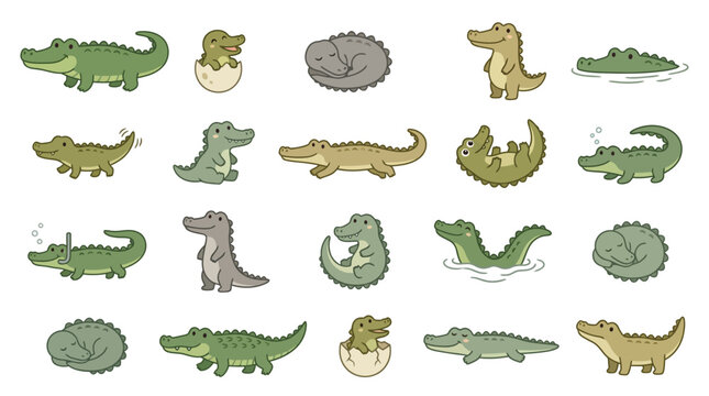 Collection of Cute Cartoon Alligators in Various Poses and Activities.