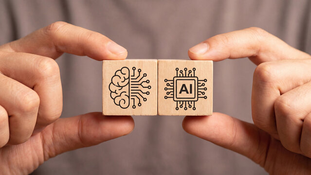 Human intelligence and artificial intelligence convergence concept for representing the merging of cognitive thinking with machine processing capability in technology and innovation