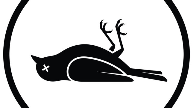 A stark black and white vector illustration of a deceased bird inside a circular frame