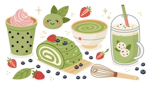 Kawaii matcha sweets collection featuring green tea roll cake iced latte mochi and whisk with fresh berries in a cute hand drawn flat vector illustration