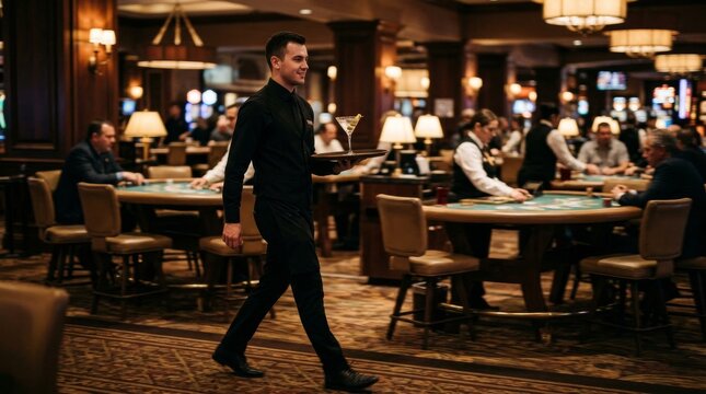 Professional waiter walking through a busy upscale casino gaming floor.