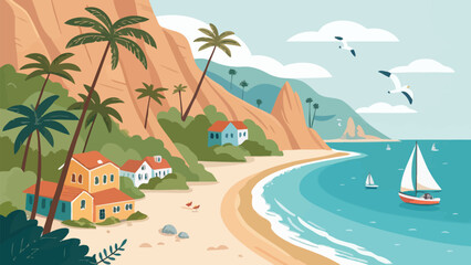 Obraz premium Summer coastal landscape with sandy beach and turquoise sea featuring cozy seaside houses and sailboats in a flat vector illustration style