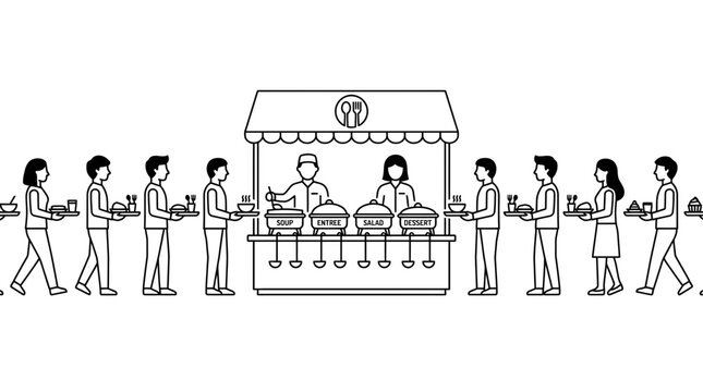 Buffet Line Illustration: People Queueing for Food at Serving Station