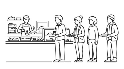 Obraz premium People queuing for food at a cafeteria serving line, illustration