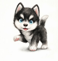 Fototapeta premium Cute watercolor illustration of a fluffy baby husky puppy walking forward with bright blue eyes and a happy smile over a clean white background perfect for greeting cards or nursery wall decor