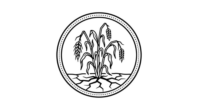Drought-stricken wheat plant in cracked earth, circular emblem, monochrome line art