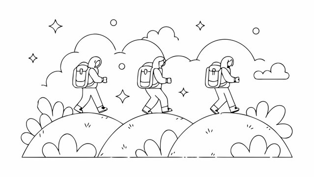 Hiking travelers, backpackers walking uphill, minimalist line art, adventure seekers, outdoor explorers