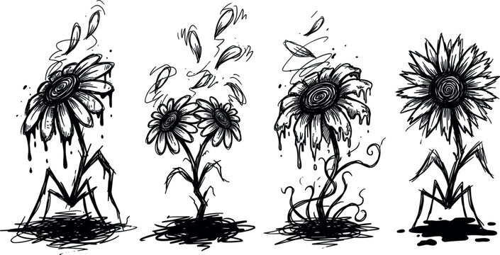 Gothic Dead Sunflower Vector Set with Wilted Helianthus Drooping Petals and Dark Grunge Botanical Elements for Alternative Graphic Designs