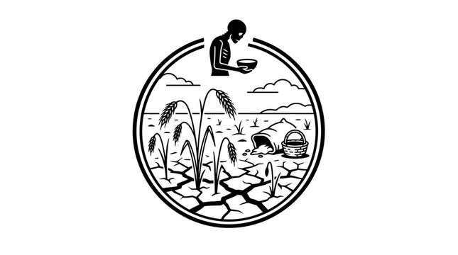 Symbolic Illustration of Drought and Famine: Starving Person, Wilted Crops, Cracked Earth